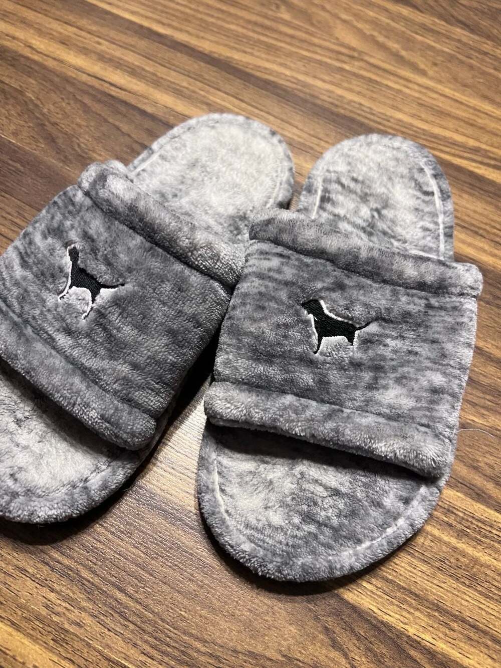 PINK VS silver plush slippers